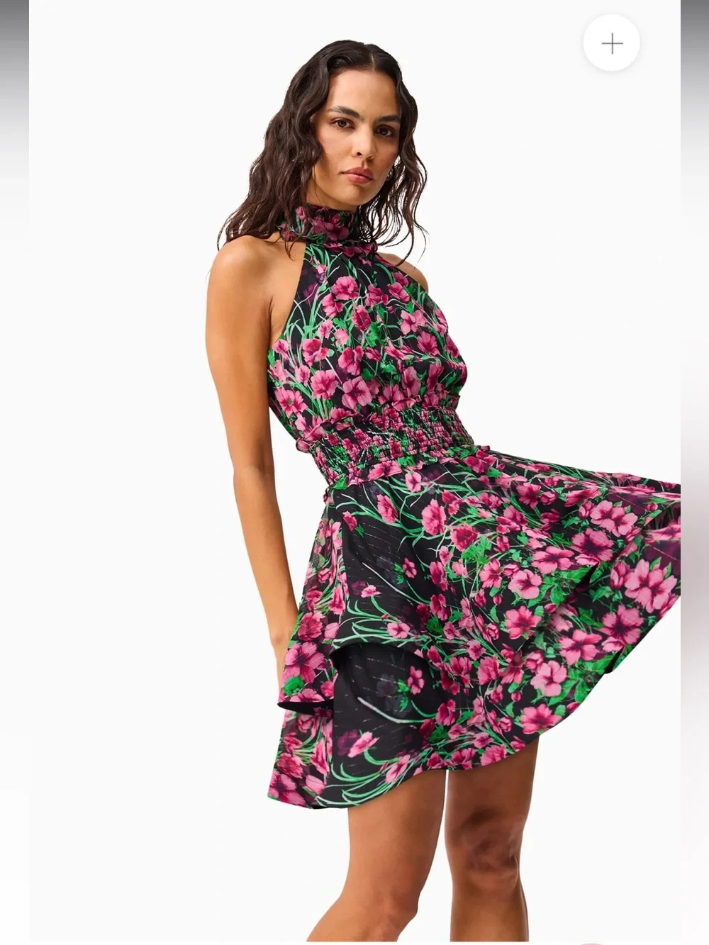 elliatt estelle black & pink floral print mock neck tiered mini dress size small